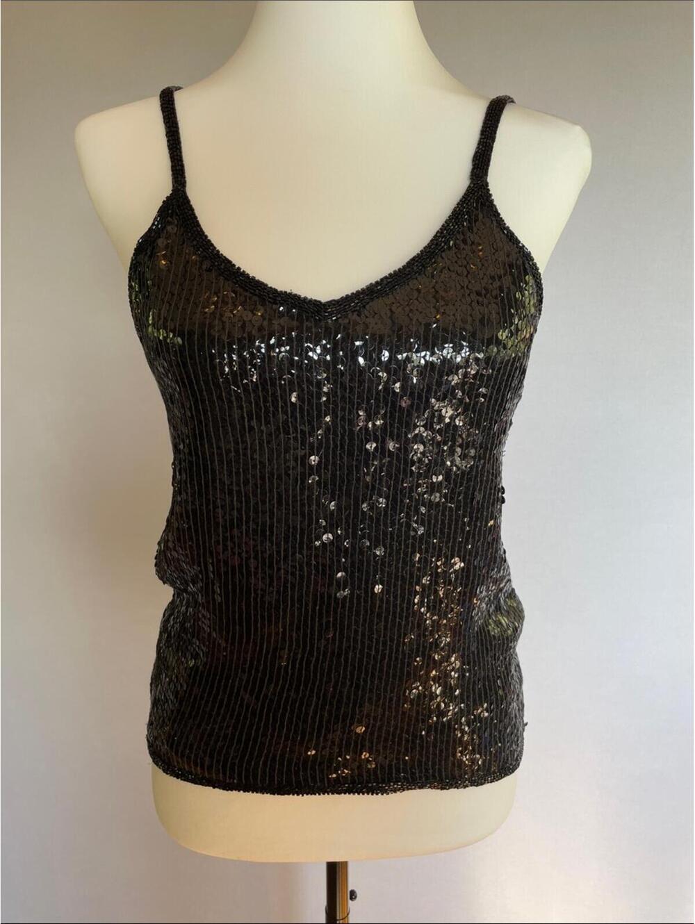 Vintage Black Sequin Cami Tank Top Size Medium Y2K Evening Glitz Glam Sparkle